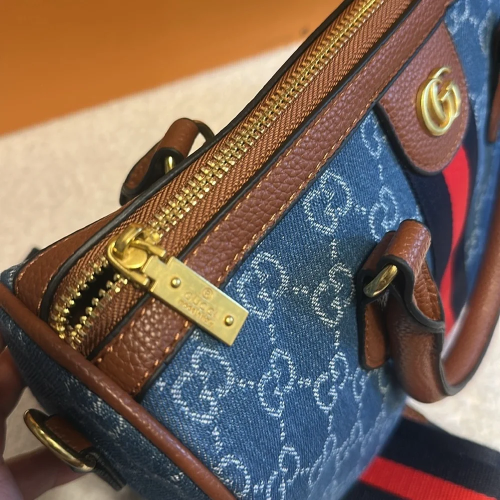 Gucci Denim GG Top-Handle Satchel with Red and Navy Stripe - Picture 4 of 9